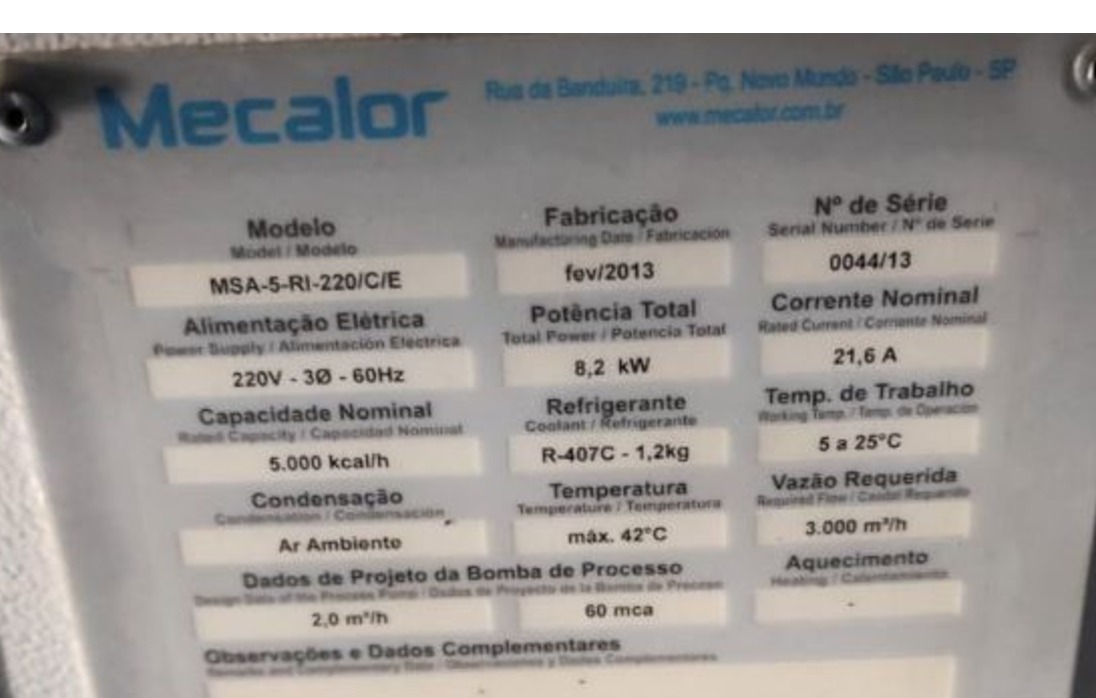 CHILLER INDUSTRIAL MECALOR MSA-5-RI-220/C/E 2013 0044/13 220V TROCADOR DE CALOR 