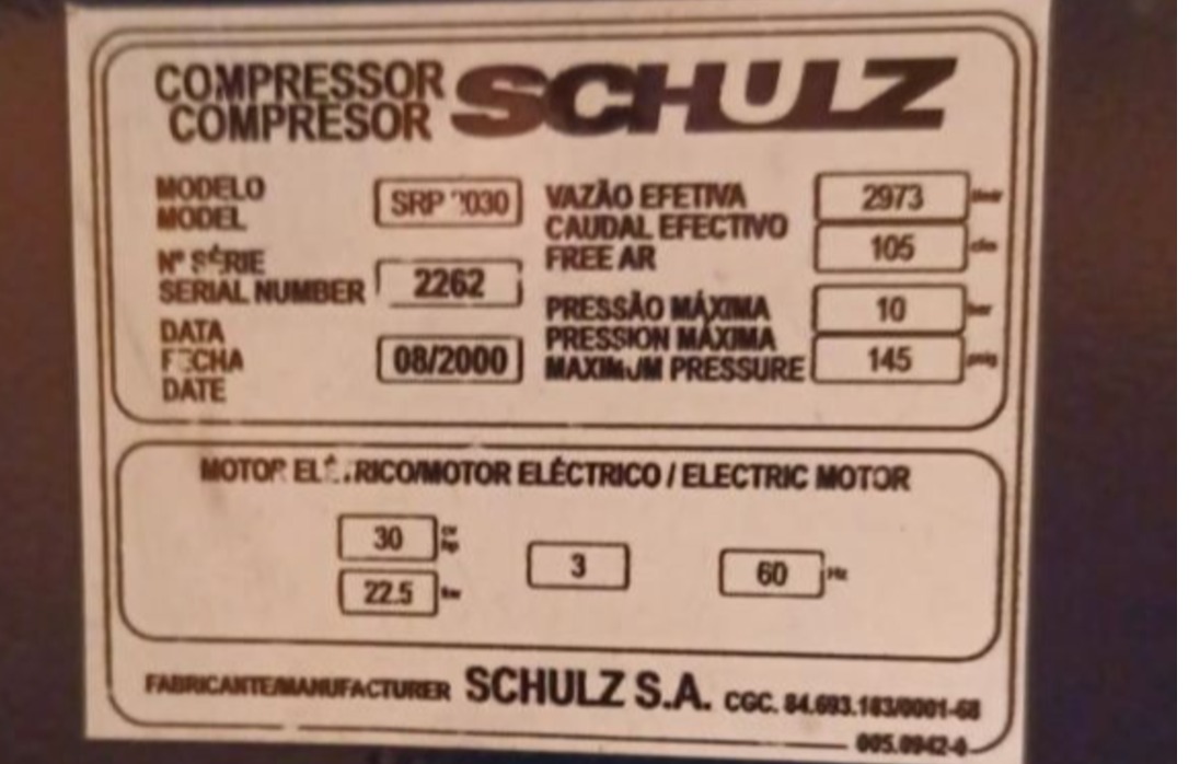 COMPRESSOR DE AR SHULZ SRP 2030 2000 2262 