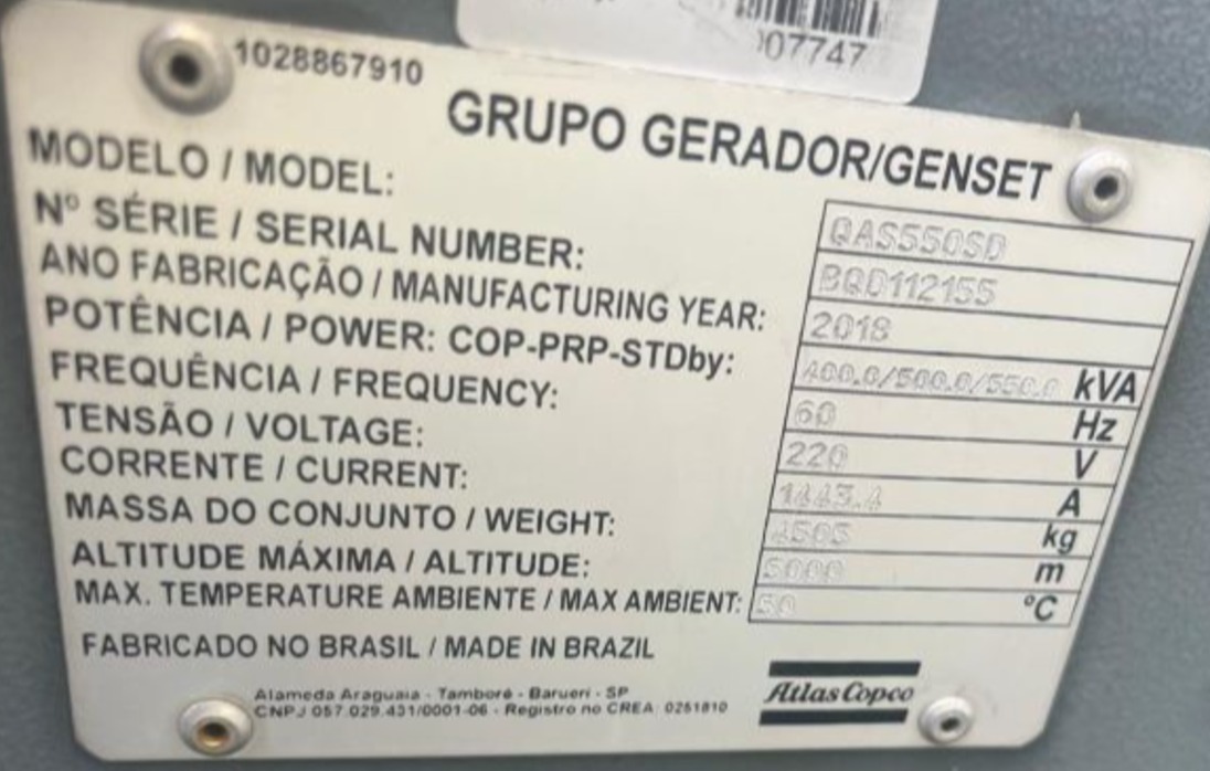 GRUPO GERADOR ATLAS COPCO QAS550SD 2018 BQD112155 220V 