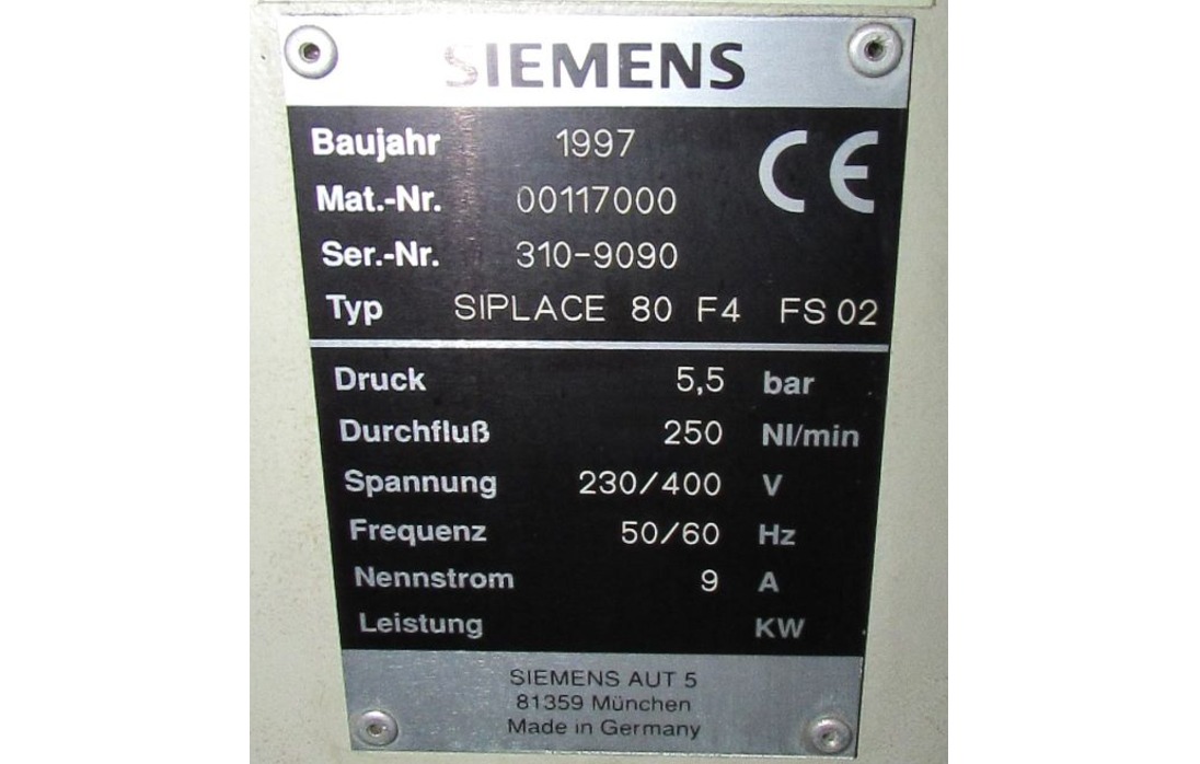 PICK AND PLACE CHIPSHOOTER SIEMENS SIPLACE 80 F4 FS 02 1997 310-9090 230/400V 50/60HZ 