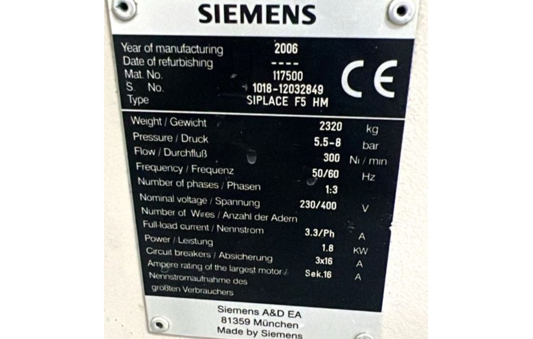 PICK AND PLACE CHIPSHOOTER SIEMENS SIPLACE F5 HM 2006 230/400V 50/60HZ ACOMPANHA 10 FEEDERS 