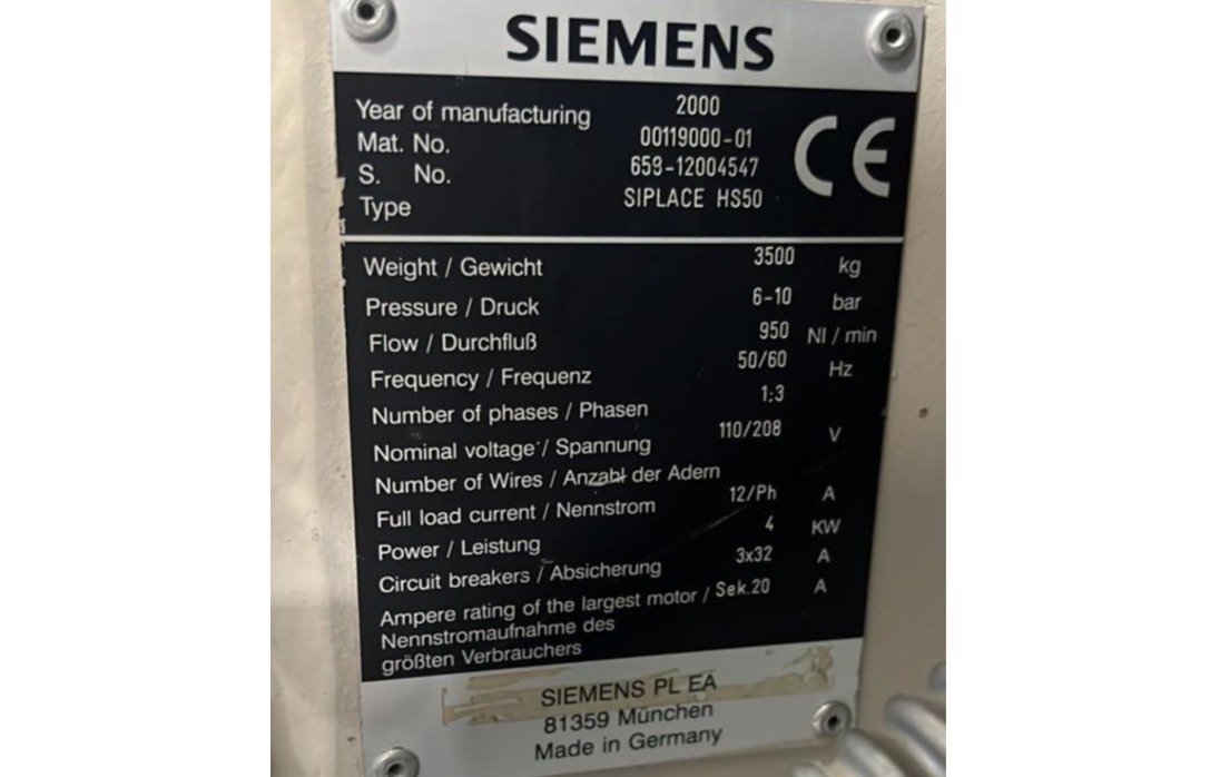 PICK AND PLACE CHIPSHOOTER SIEMENS SIPLACE HS50 2000 659-12004547 110/208V 50/60HZ CPH 50.000 ACOMPANHA 10 FEEDERS 