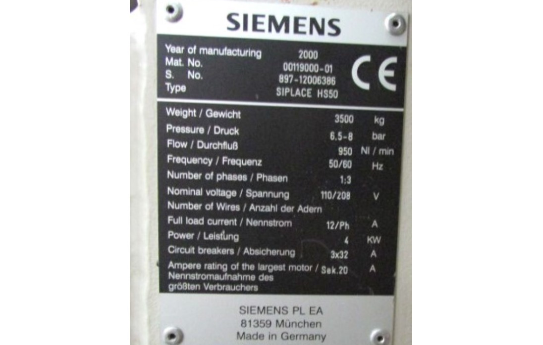 PICK AND PLACE CHIPSHOOTER SIEMENS SIPLACE HS50 2000 897-12006386 110/208V 50/60HZ COM FEEDERS 2X8 