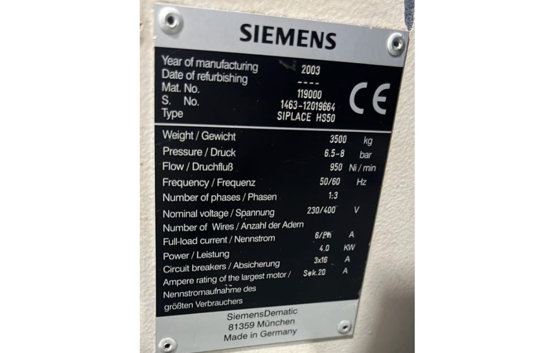 PICK AND PLACE CHIPSHOOTER SIEMENS SIPLACE HS50 2003 1463-12019664 230/400V 50/60HZ CPH 50.000 ACOMPANHA 10 FEEDERS 