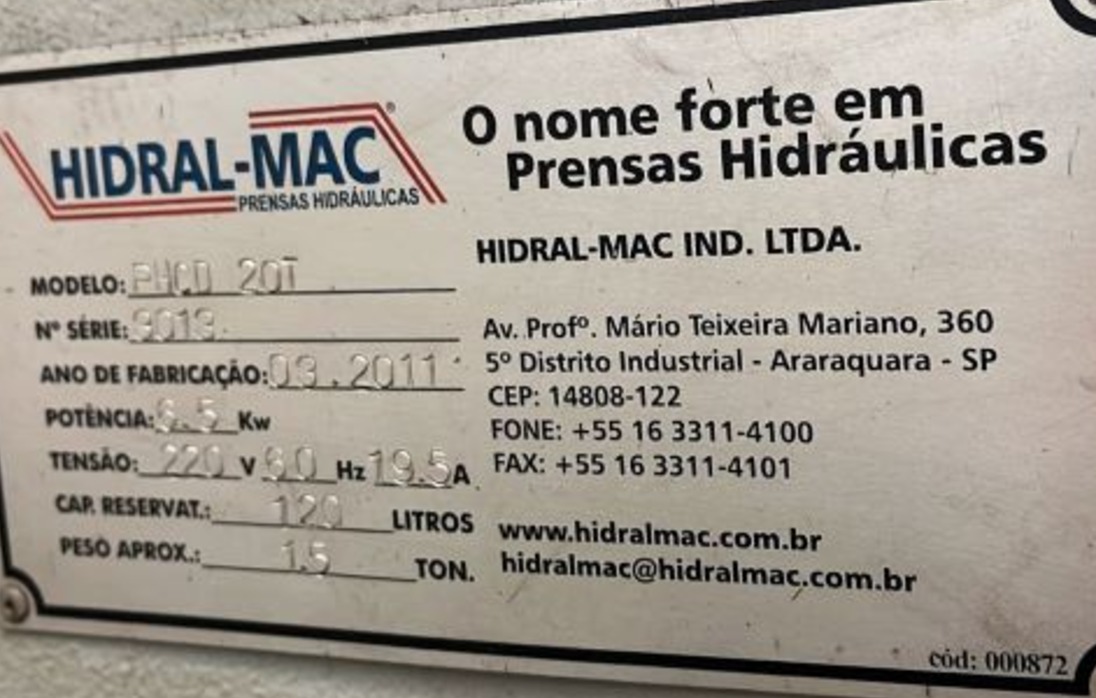 PRENSA HIDRAULICA HIDRAL-MAC PHCD 20T 2011 220V 