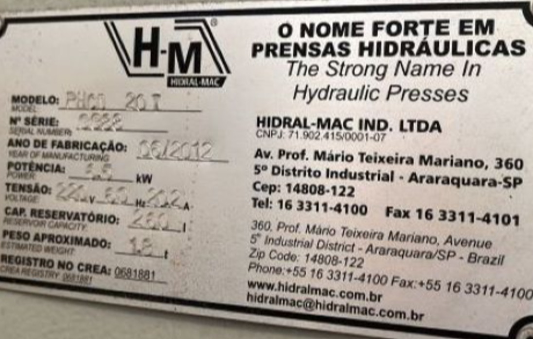 PRENSA HIDRAULICA HIDRAL-MAC PHCD 20T 2012 3388 220V 60HZ 