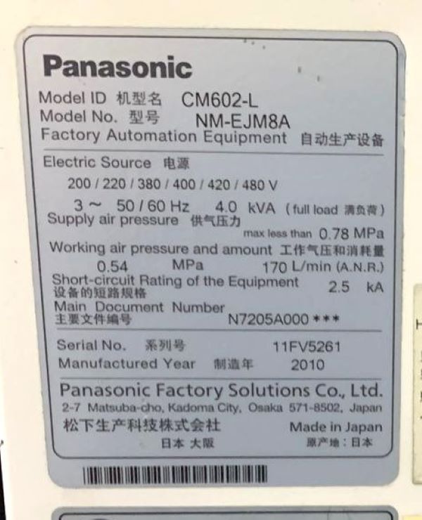 PICK AND PLACE FLEXIVEL PANASONIC CM602-L 2010 11FV5261 200~480V 50/60HZ - ACOMPANHA 100 FEEDERS DE 8MM 