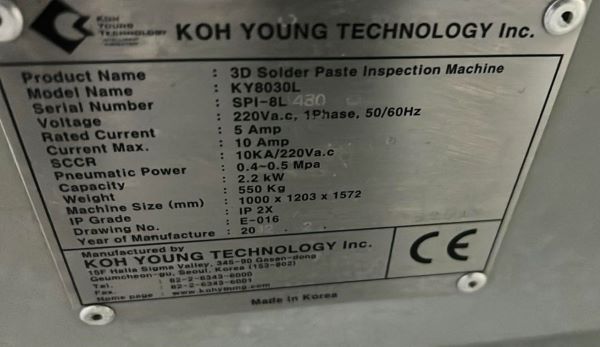 SPI 3D KOH YOUNG KY 8030L 2011 SPI-8L508 220VAC 1 PHASE 50/60HZ 