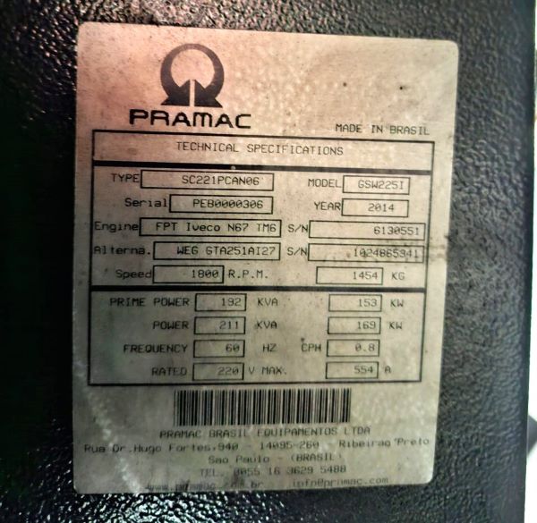 GRUPO GERADOR PRAMAC GSW225I 2014 PEB0000306 220V 192 KVA 153W 220V 