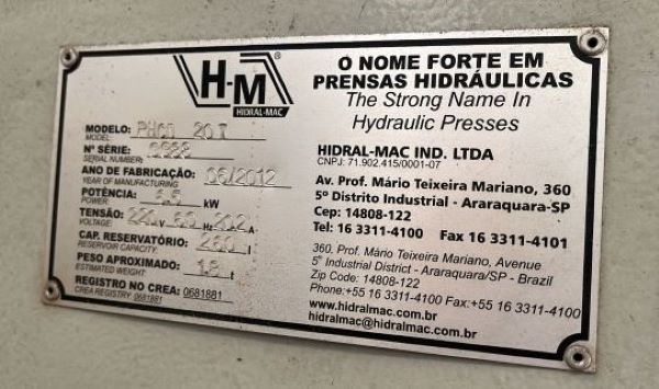 PRENSA HIDRÁULICA HIDRAL-MAC PHCD 20T 2012 3388 220V 60HZ 