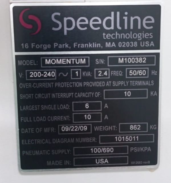 PRINTER AUTOMATICA SPEEDLINE MOMENTUM 2009 M100382 200/240V 50/60HZ 