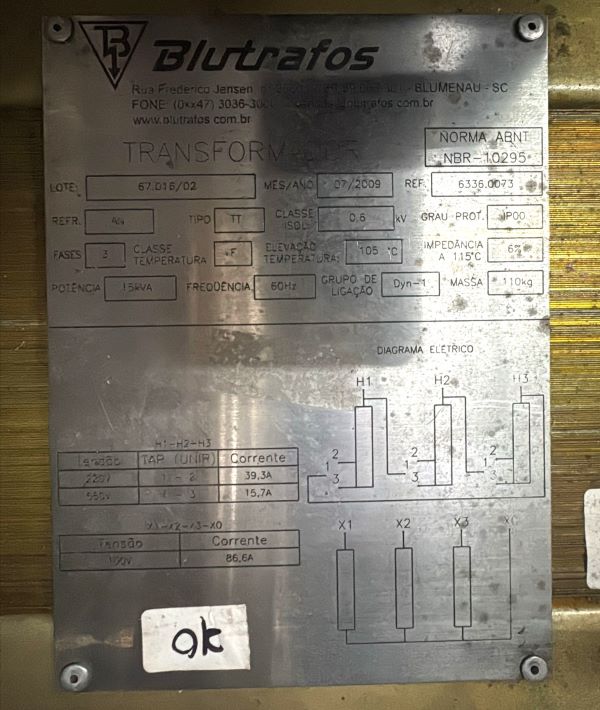 TRANSFORMADOR TRIFASICO BLUTRAFOS 2009 PRIMARIO 550/220V /SECUNDARIO 100V 15KVA 60HZ 