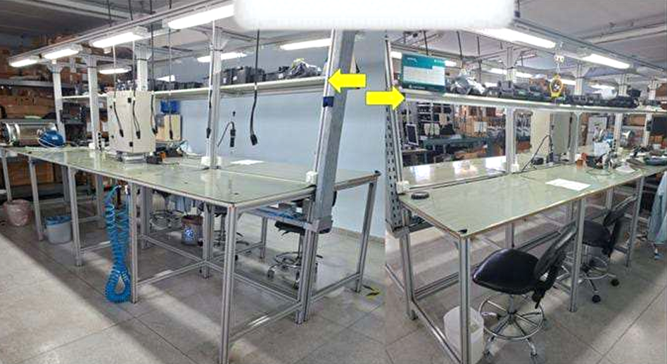 LINHA DE MONTAGEM PTH MANUAL 2 MODULOS C/ 4 BANCADAS E 08 POSTOS DE TRABALHO C/ PRATELEIRA 