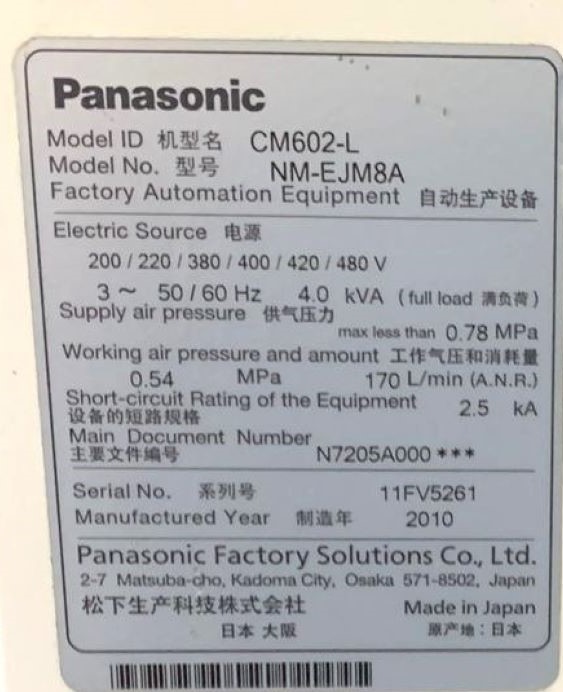 PICK AND PLACE FLEXIVEL PANASONIC CM602-L 2010 11FV5261 200~480V 50/60HZ - ACOMPANHA 27 FEEDERS DE 8MM 