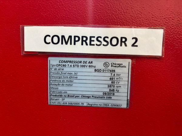 COMPRESSOR DE PARAFUSO CHICAGO PNEUMATIC CPC60 G 2019 BQD 0117486 380V 7.4BAR 60CV 60HZ 