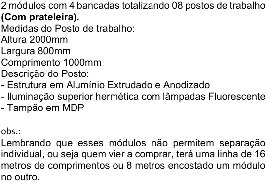 LINHA DE MONTAGEM PTH MANUAL 2 MODULOS C/ 4 BANCADAS E 08 POSTOS DE TRABALHO C/ PRATELEIRA 