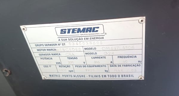 GERADOR DE ENERGIA STEMAC OM447LA506 2005 220V 340/310 KVA 
