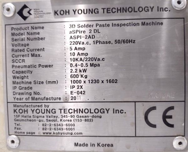 SPI 3D KOH YOUNG TECHNOLOGY ASPIRE 2 DL 2011 ASPI-2AD 220V 