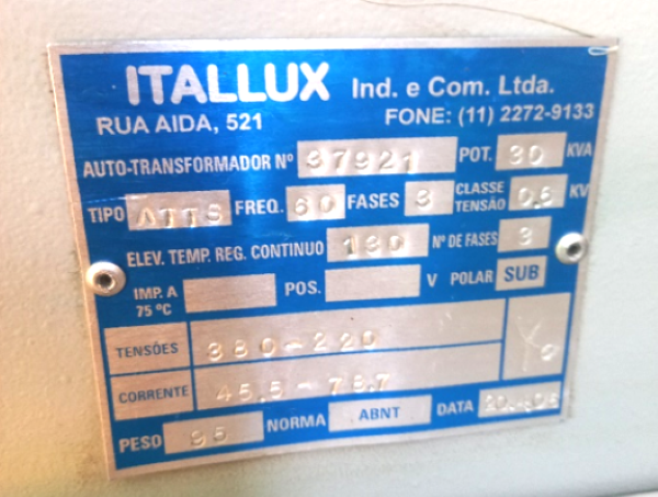 TRANSFORMADOR 30 KVA ITALLUX 37921 220V 30KVA ENTRADA 220 VAC SAIDA 380 VAC 