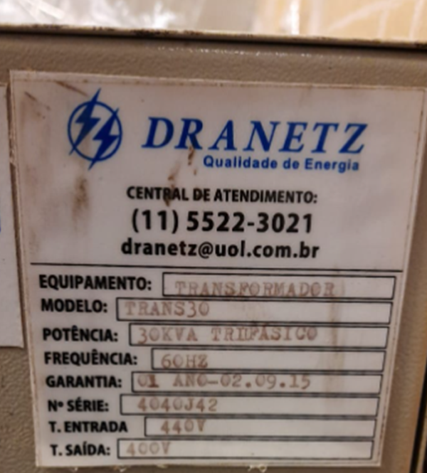 TRANSFORMADOR TRIFASICO DRANETZ TRANS30 30KVA 2015 4040J42 400V 60HZ 