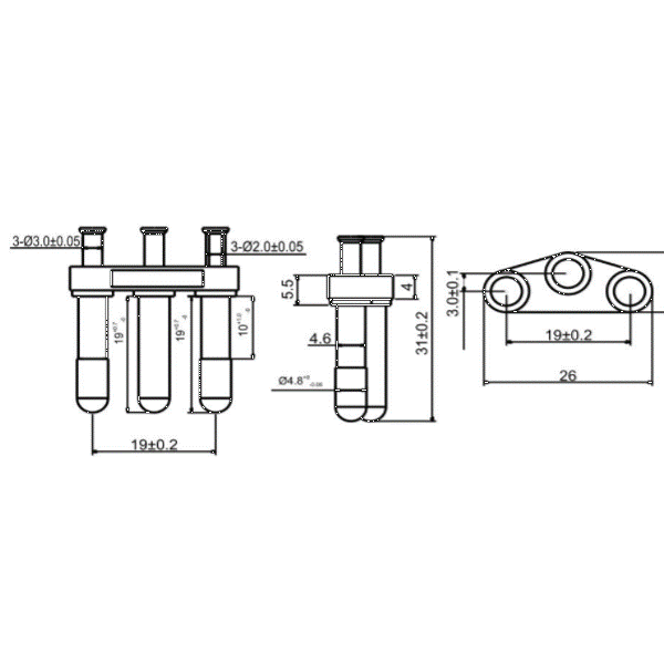 PINO BRASILEIRO 4.8MM TRÊS PINOS COM ISOLAÇÃO IMPORTADO XY-A-063 B OCO NOVO BRANCO COBRE PBT OCO (MÍNIMO 2.000PÇS) 